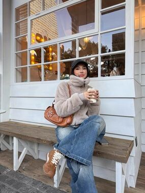 Plush Taupe Teddy Jacket with High Collar